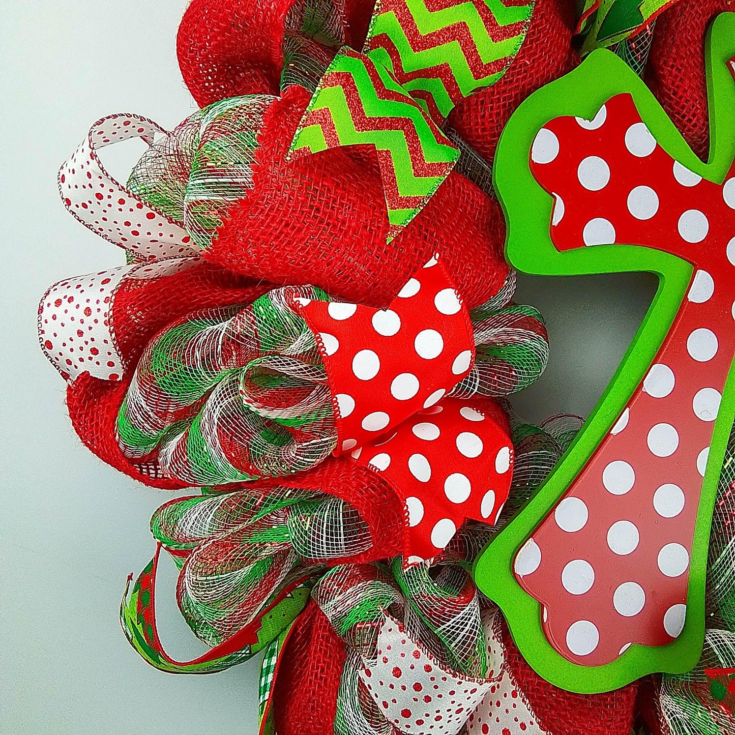 Polka Dot Cross Christmas Wreath - Church Christian Religious Front Door Wreath - Red Emerald Green White Farmhouse - Pink Door Wreaths