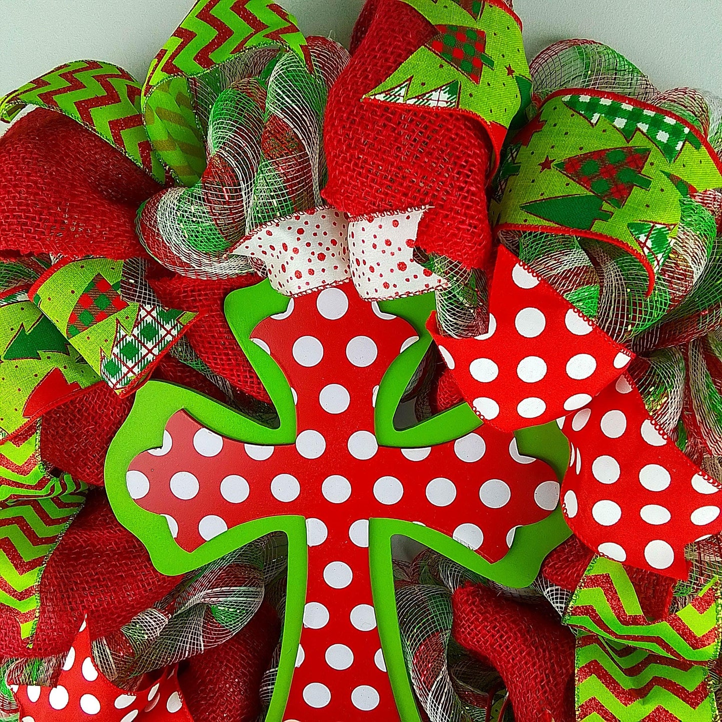 Polka Dot Cross Christmas Wreath - Church Christian Religious Front Door Wreath - Red Emerald Green White Farmhouse - Pink Door Wreaths