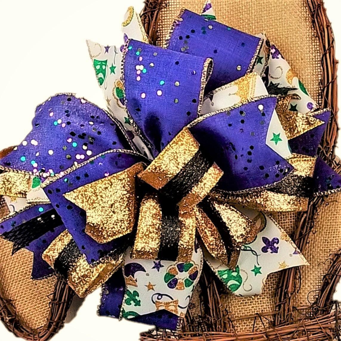 Purple Green Gold Fat Tuesday Lantern Wreath Bow - Burlap Wreath Embellishment for Making Your Own - Layered Full Handmade Farmhouse Already Made (Mardi Gras - Pink Door Wreaths