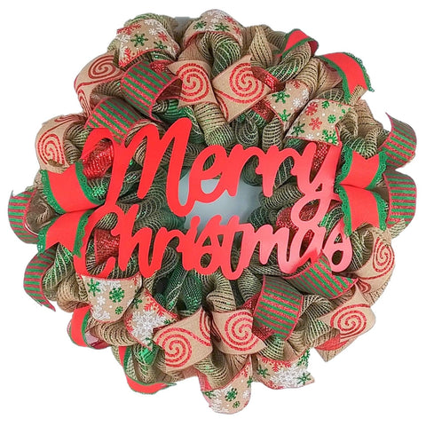Rustic Merry Christmas Wreath | Mesh Christmas Outdoor Front Door Wreath | Red Jute Green Burlap - Pink Door Wreaths