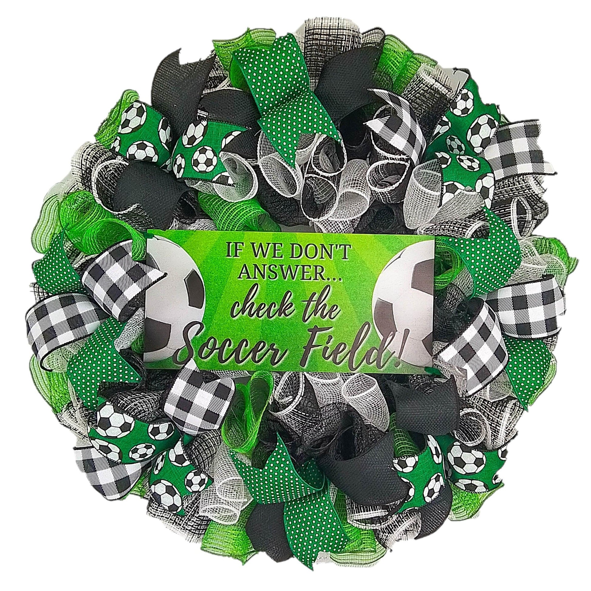 Soccer Ball Sports Mesh Door Wreath; If We Don't Answer Check the Soccer Field | Green Black White - Pink Door Wreaths