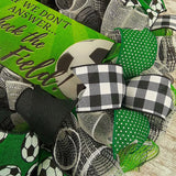 Soccer Ball Sports Mesh Door Wreath; If We Don't Answer Check the Soccer Field | Green Black White - Pink Door Wreaths