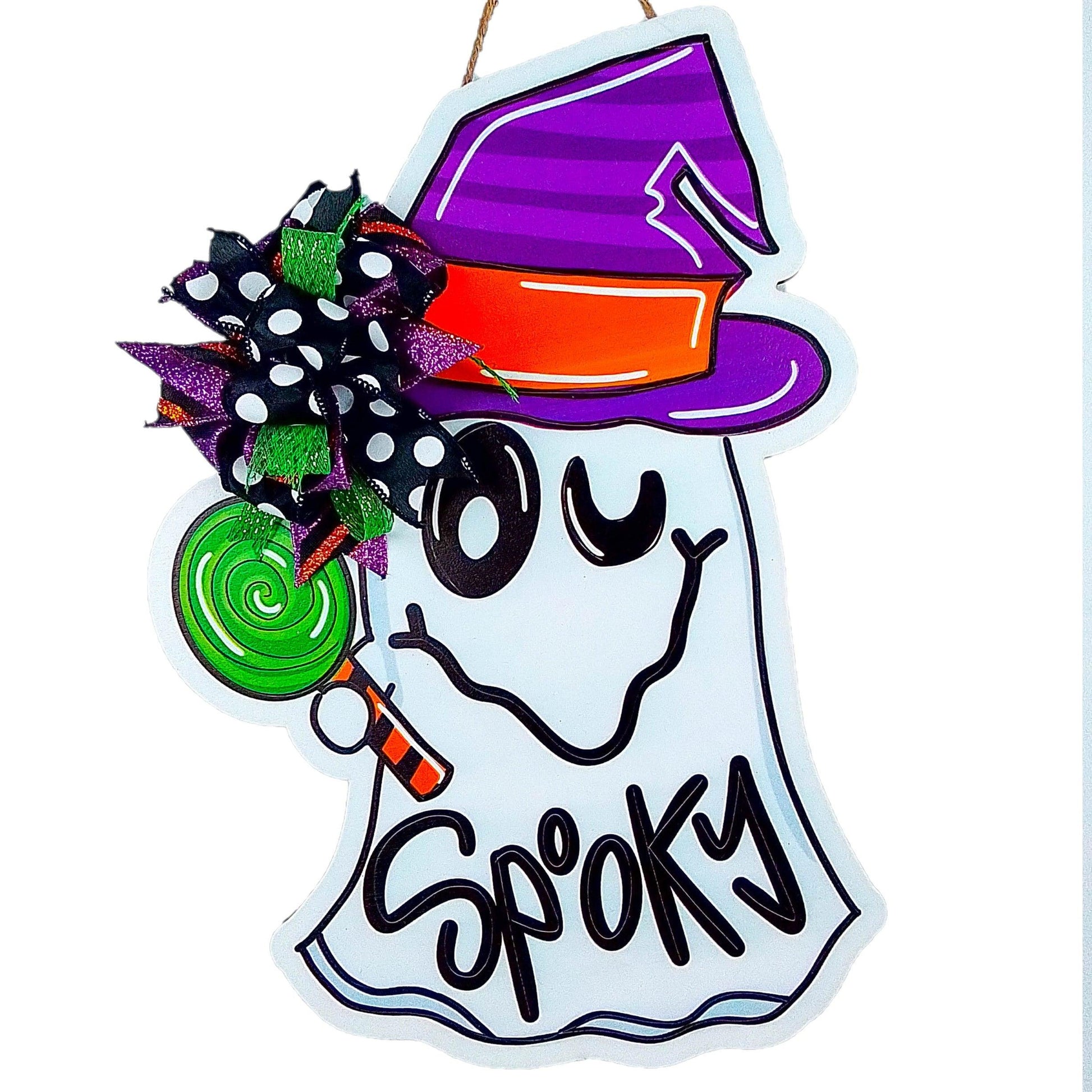 Spooky Halloween Ghost Door Hanger - Glitter Polka Dot Bow Door Decor; Purple Orange Green - Pink Door Wreaths