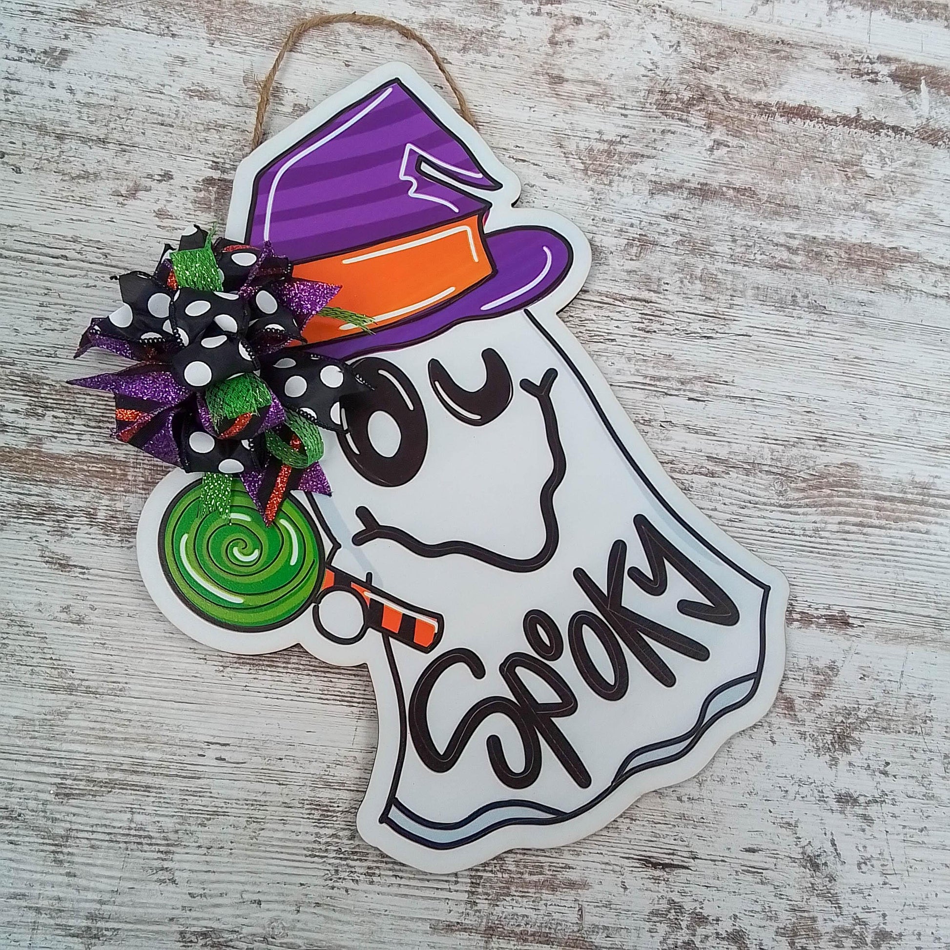 Spooky Halloween Ghost Door Hanger - Glitter Polka Dot Bow Door Decor; Purple Orange Green - Pink Door Wreaths