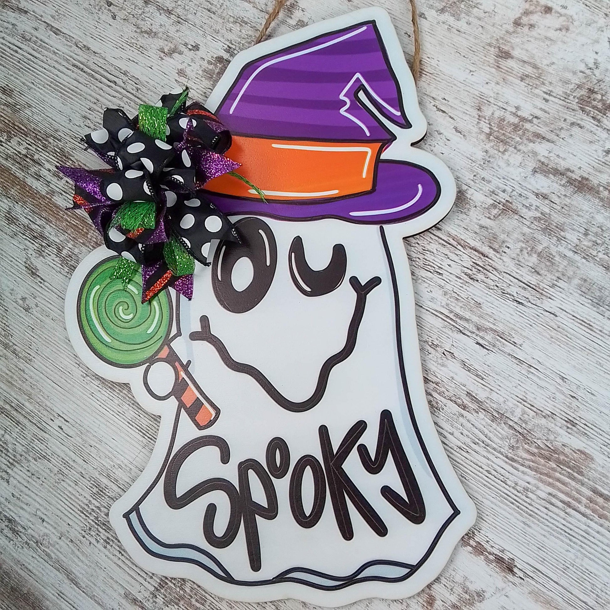 Spooky Halloween Ghost Door Hanger - Glitter Polka Dot Bow Door Decor; Purple Orange Green - Pink Door Wreaths
