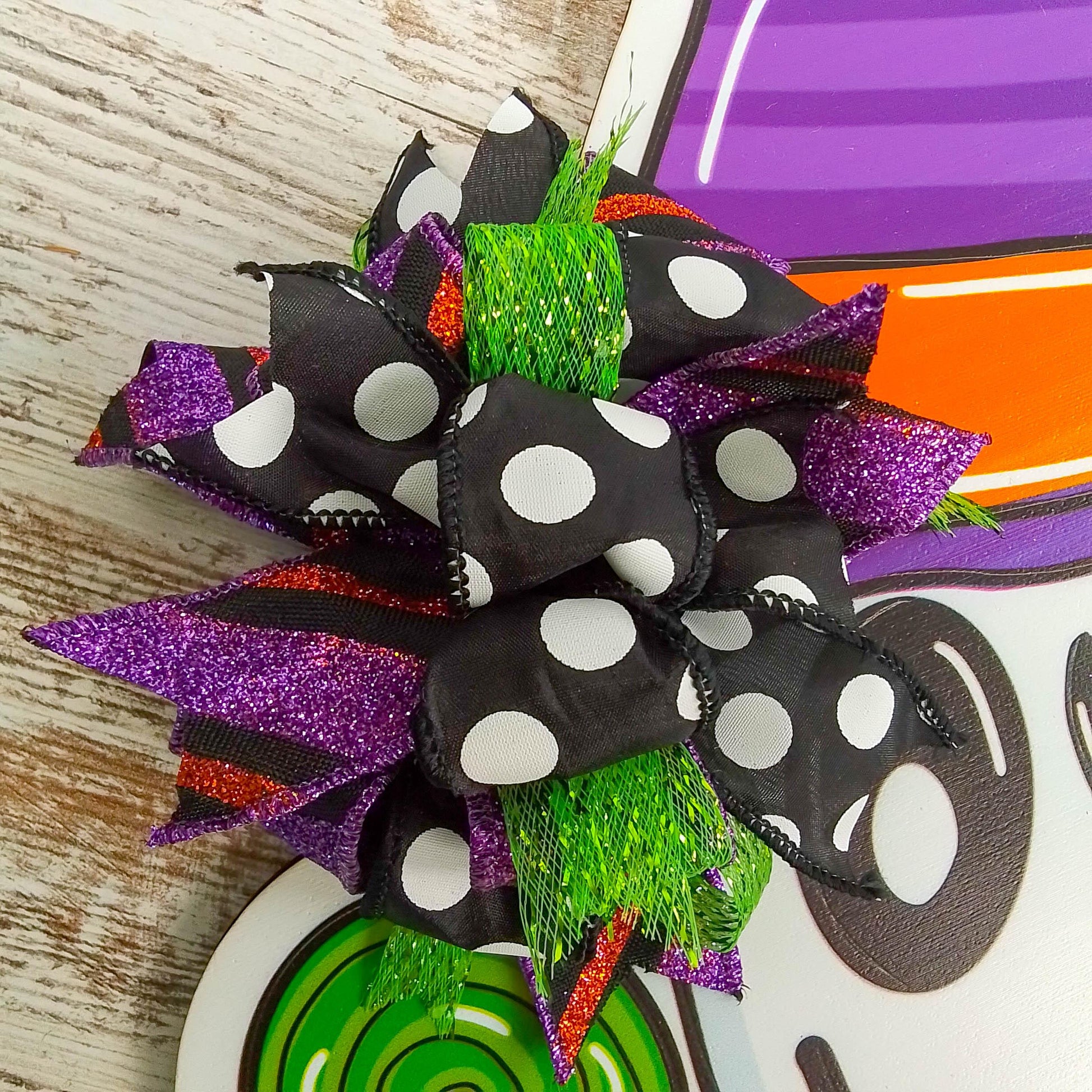 Spooky Halloween Ghost Door Hanger - Glitter Polka Dot Bow Door Decor; Purple Orange Green - Pink Door Wreaths