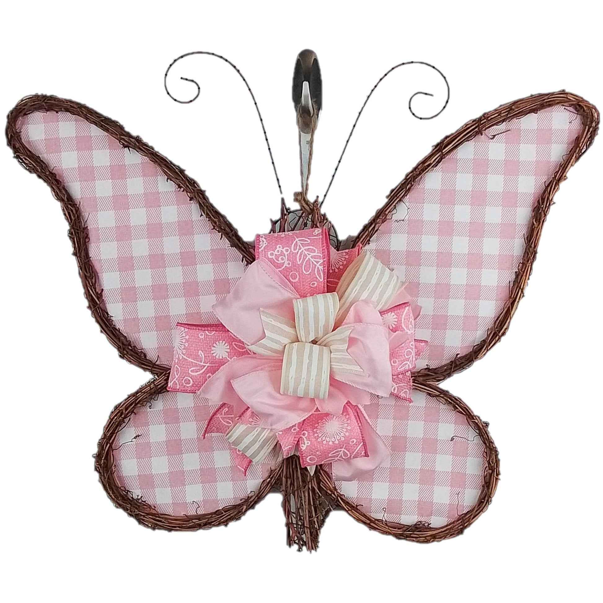 Spring Summer Butterfly Grapevine Wreath - Plaid Door Hanger Oversized Bow Jute Burlap Door Decor; Pink Brown White - Pink Door Wreaths