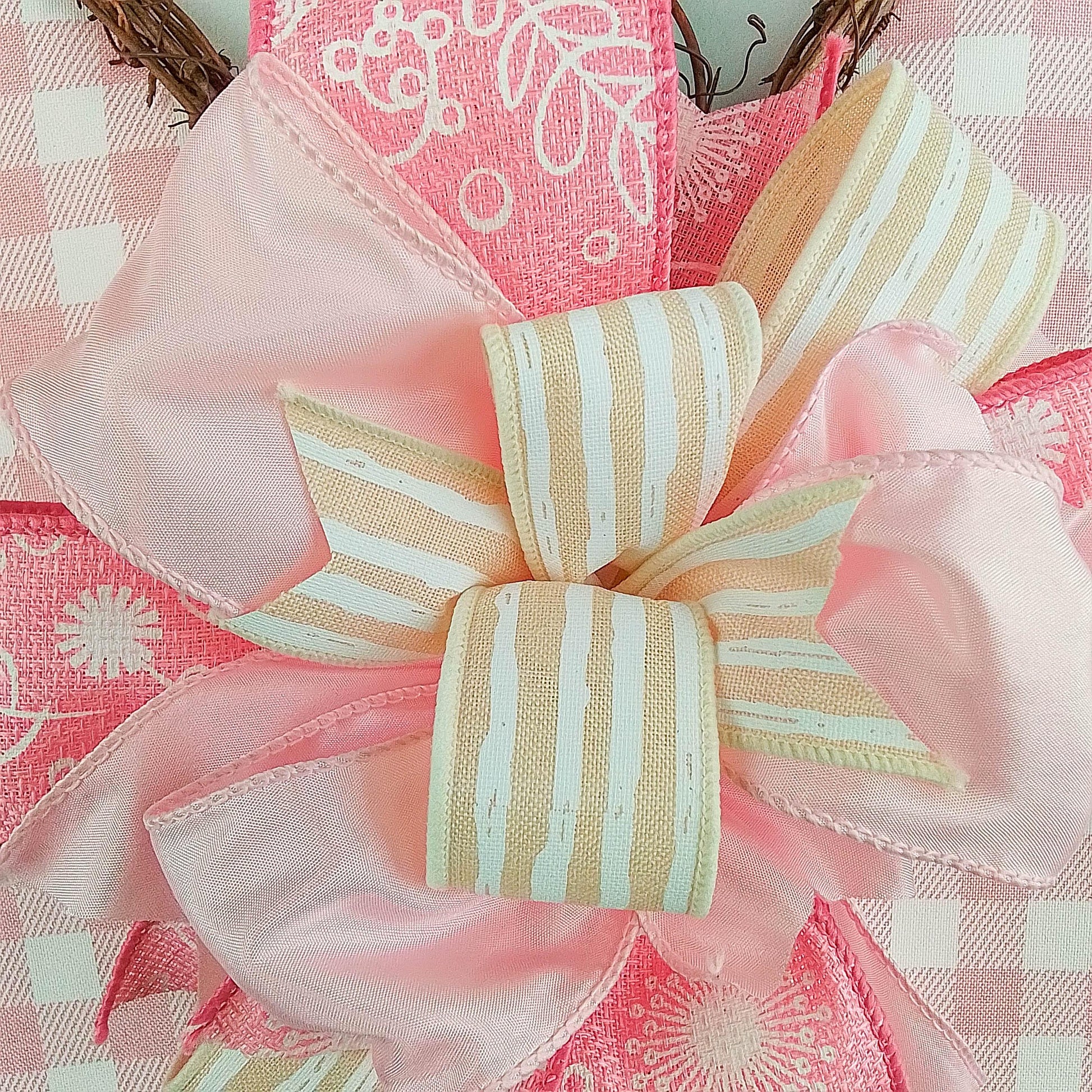 Spring Summer Butterfly Grapevine Wreath - Plaid Door Hanger Oversized Bow Jute Burlap Door Decor; Pink Brown White - Pink Door Wreaths