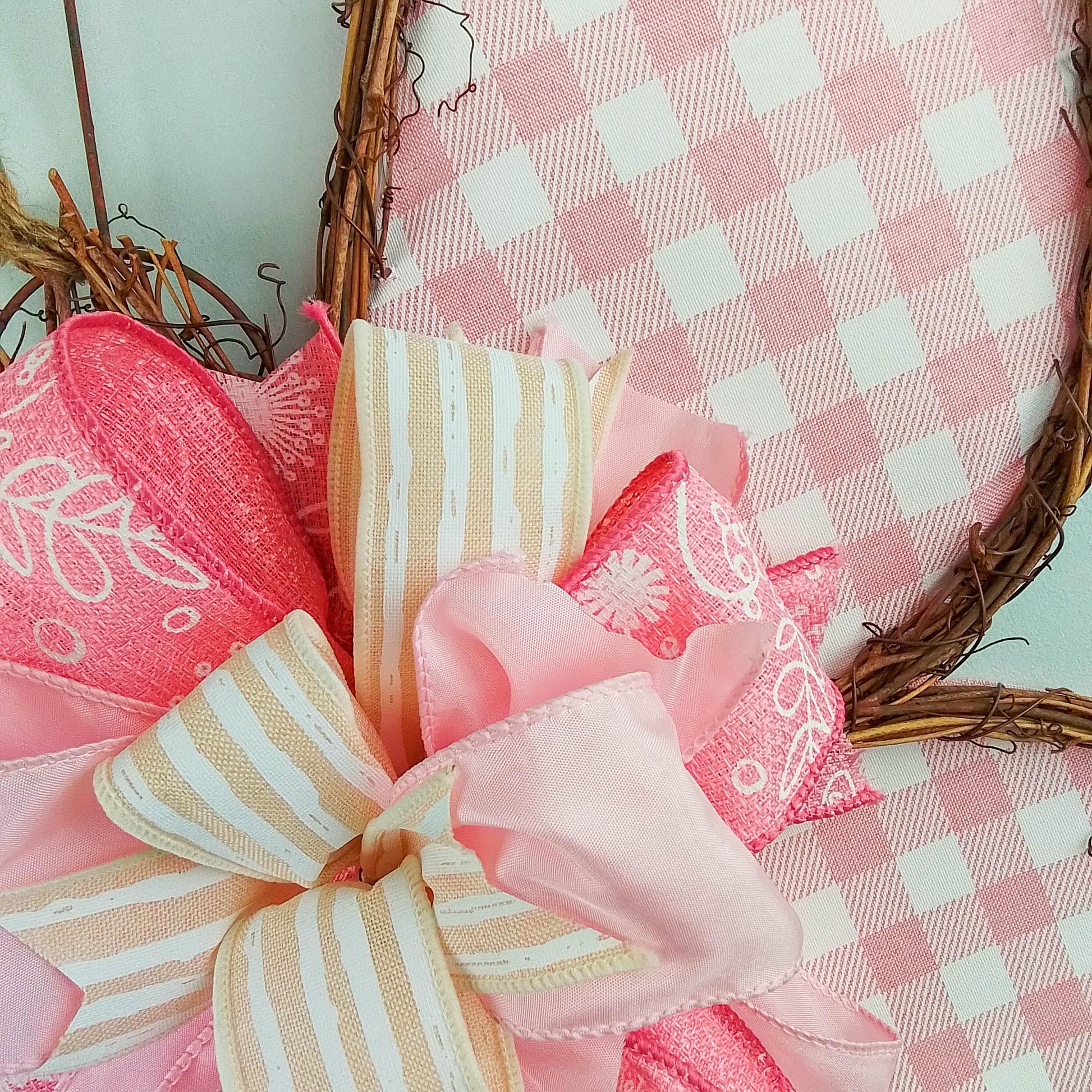 Spring Summer Butterfly Grapevine Wreath - Plaid Door Hanger Oversized Bow Jute Burlap Door Decor; Pink Brown White - Pink Door Wreaths