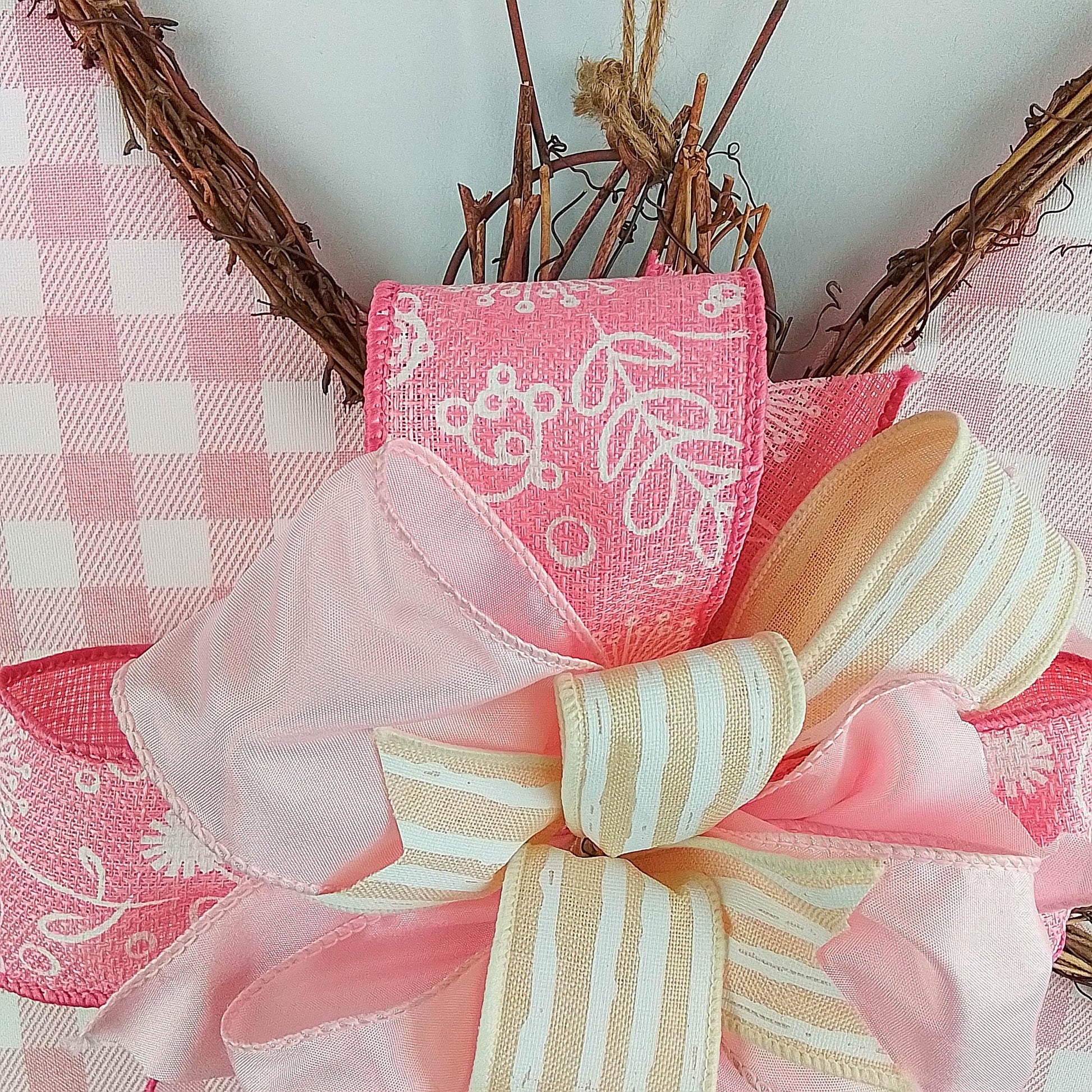 Spring Summer Butterfly Grapevine Wreath - Plaid Door Hanger Oversized Bow Jute Burlap Door Decor; Pink Brown White - Pink Door Wreaths