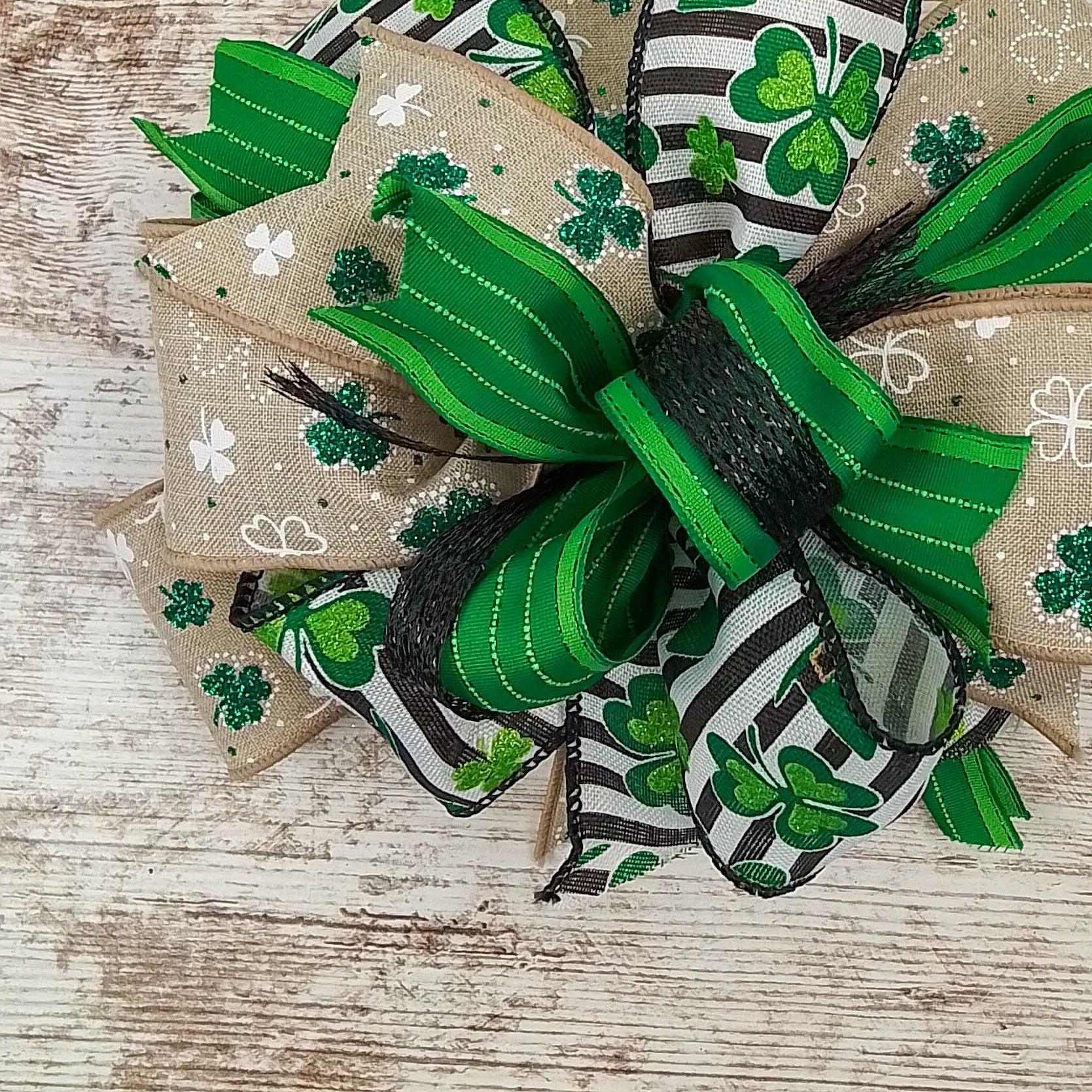 St. Patrick's Day Clover Black White Green Lantern Wreath Bow - Burlap Wreath Embellishment for Making Your Own - Layered Full Handmade Farmhouse Already Made - Pink Door Wreaths