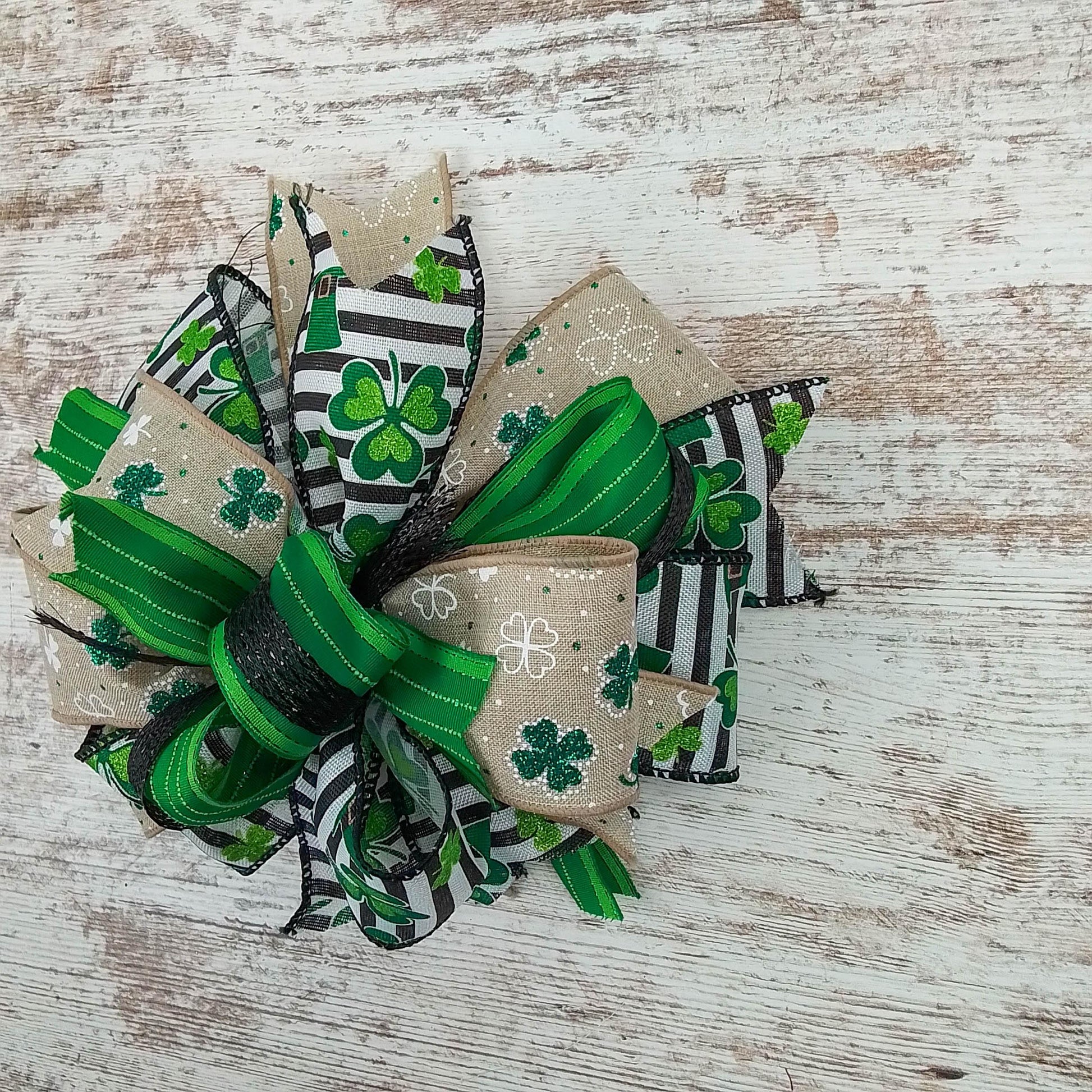 St. Patrick's Day Clover Black White Green Lantern Wreath Bow - Burlap Wreath Embellishment for Making Your Own - Layered Full Handmade Farmhouse Already Made - Pink Door Wreaths
