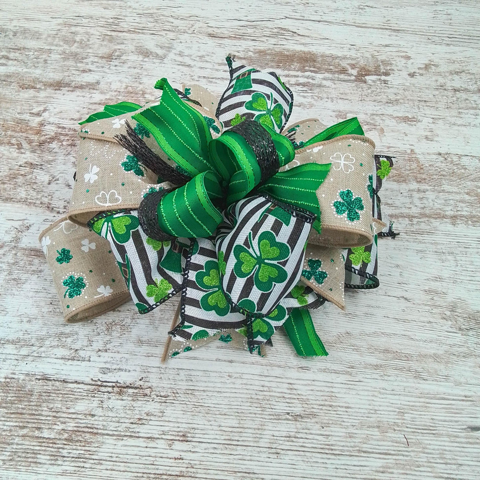 St. Patrick's Day Clover Black White Green Lantern Wreath Bow - Burlap Wreath Embellishment for Making Your Own - Layered Full Handmade Farmhouse Already Made - Pink Door Wreaths