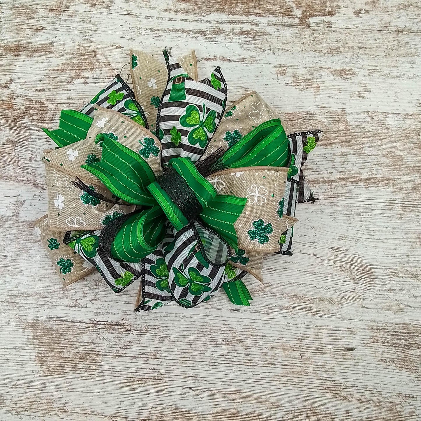 St. Patrick's Day Clover Black White Green Lantern Wreath Bow - Burlap Wreath Embellishment for Making Your Own - Layered Full Handmade Farmhouse Already Made - Pink Door Wreaths