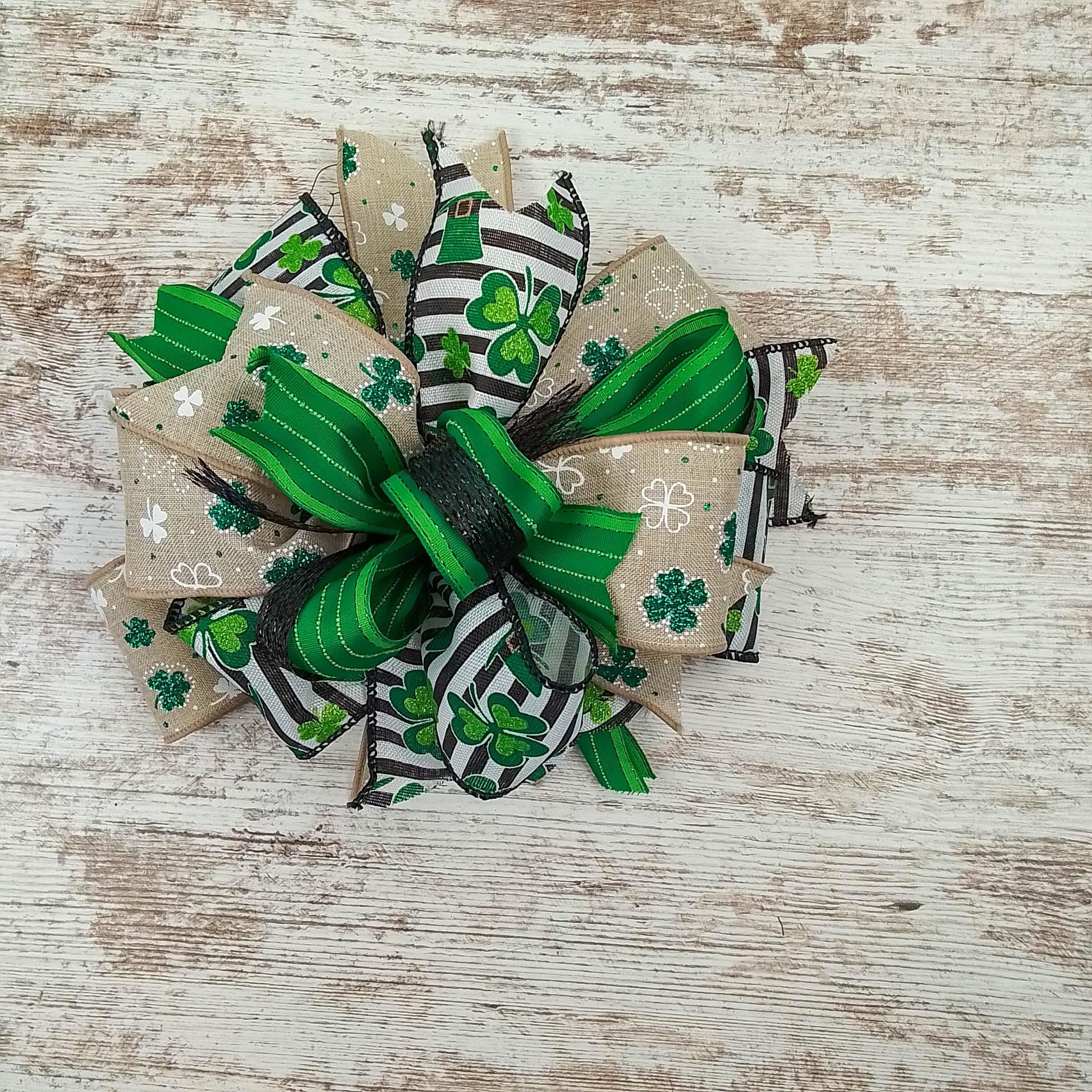 St. Patrick's Day Clover Black White Green Lantern Wreath Bow - Burlap Wreath Embellishment for Making Your Own - Layered Full Handmade Farmhouse Already Made - Pink Door Wreaths