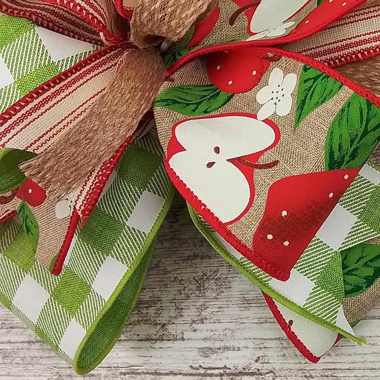 Teacher Apple Lantern Wreath Bow - Burlap Wreath Embellishment for Making Your Own - Layered Full Handmade Farmhouse Already Made (Teacher (Red/White/Green) - Pink Door Wreaths