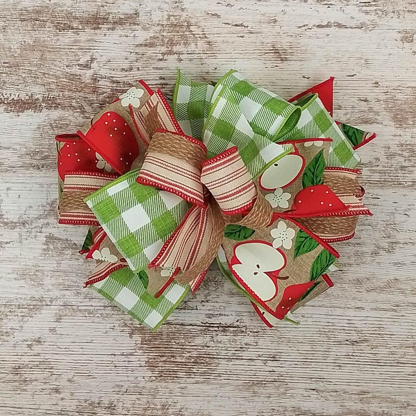 Teacher Apple Lantern Wreath Bow - Burlap Wreath Embellishment for Making Your Own - Layered Full Handmade Farmhouse Already Made (Teacher (Red/White/Green) - Pink Door Wreaths