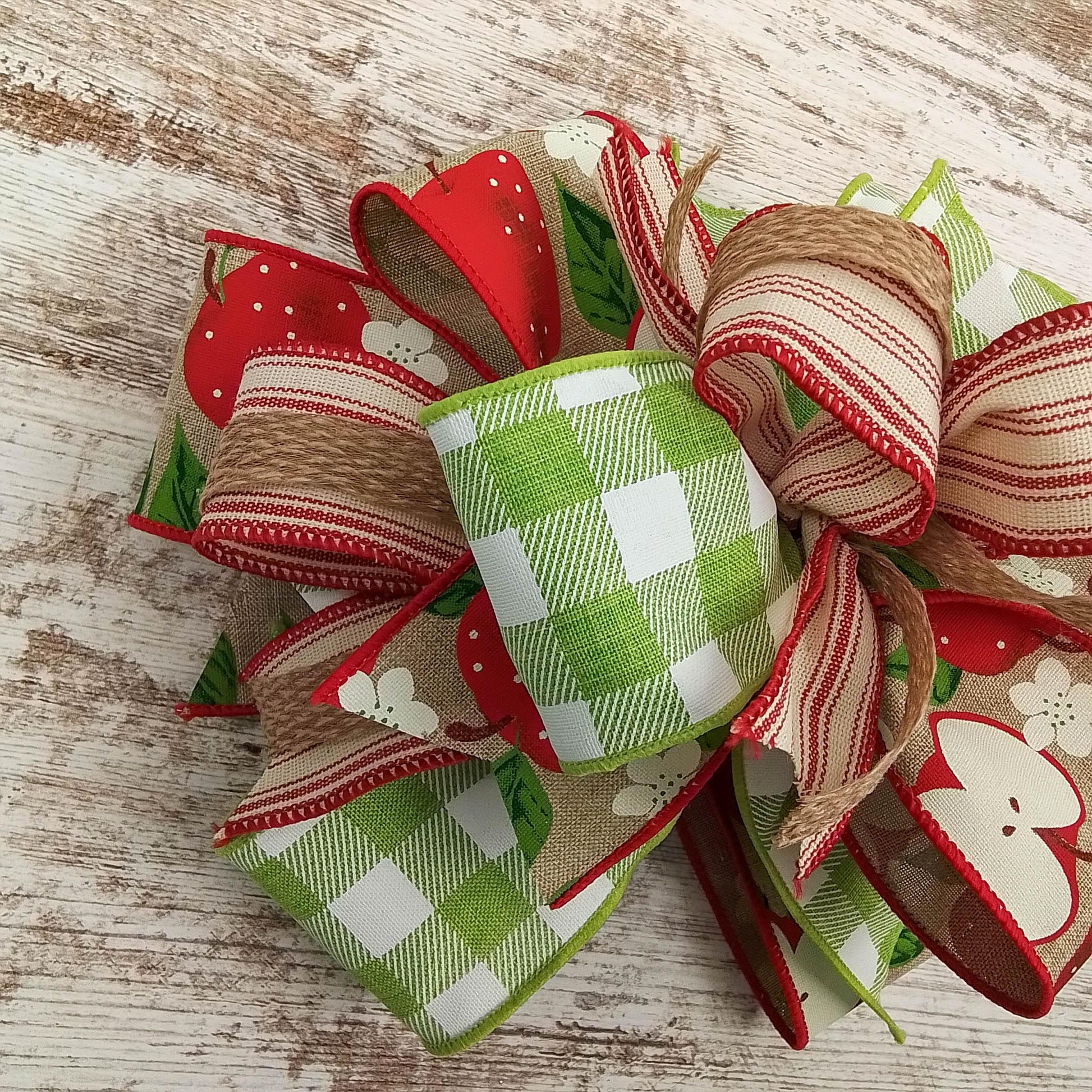 Teacher Apple Lantern Wreath Bow - Burlap Wreath Embellishment for Making Your Own - Layered Full Handmade Farmhouse Already Made (Teacher (Red/White/Green) - Pink Door Wreaths