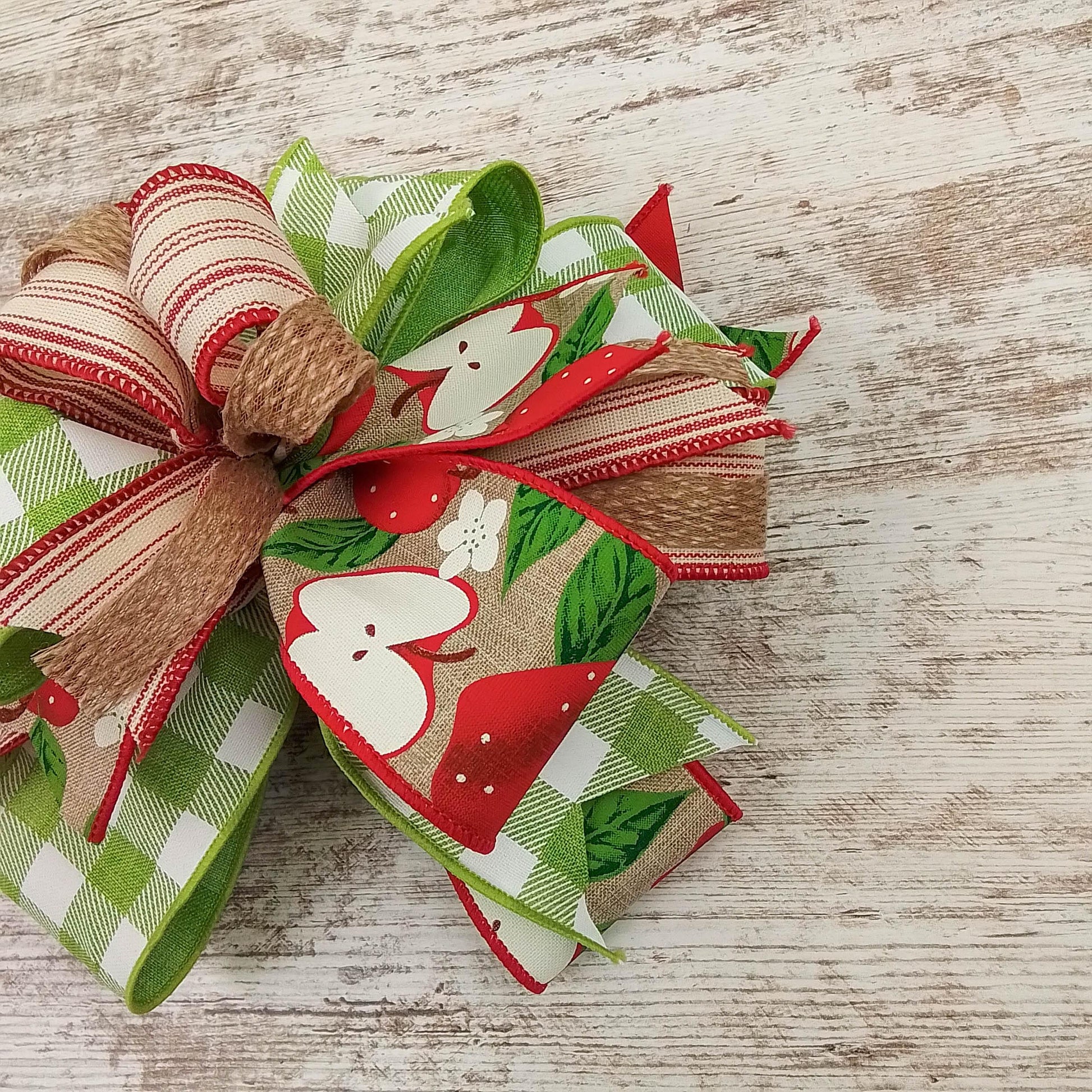 Teacher Apple Lantern Wreath Bow - Burlap Wreath Embellishment for Making Your Own - Layered Full Handmade Farmhouse Already Made (Teacher (Red/White/Green) - Pink Door Wreaths