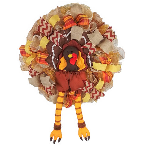 Thanksgiving Turkey Wreath | Fall Deco Mesh Wreath | Turkey Legs | Front Door Wreath; Brown Orange - Pink Door Wreaths