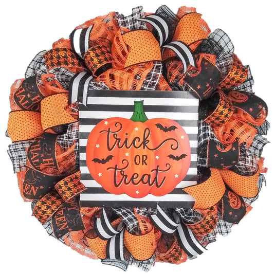 Trick or Treat Wreath - Pumpkin Door Wreaths - Halloween Jack O Lantern Thanksgiving Front Door Decor; Orange Black White Stripe - Pink Door Wreaths