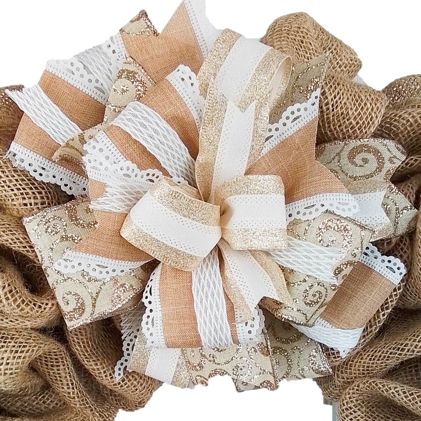 Wedding Lantern Wreath Bow - Burlap Wreath Embellishment for Making Your Own - Layered Full Handmade Farmhouse Already Made (Wedding (Burlap/Champagne/White/Brown), Set of 1) - Pink Door Wreaths