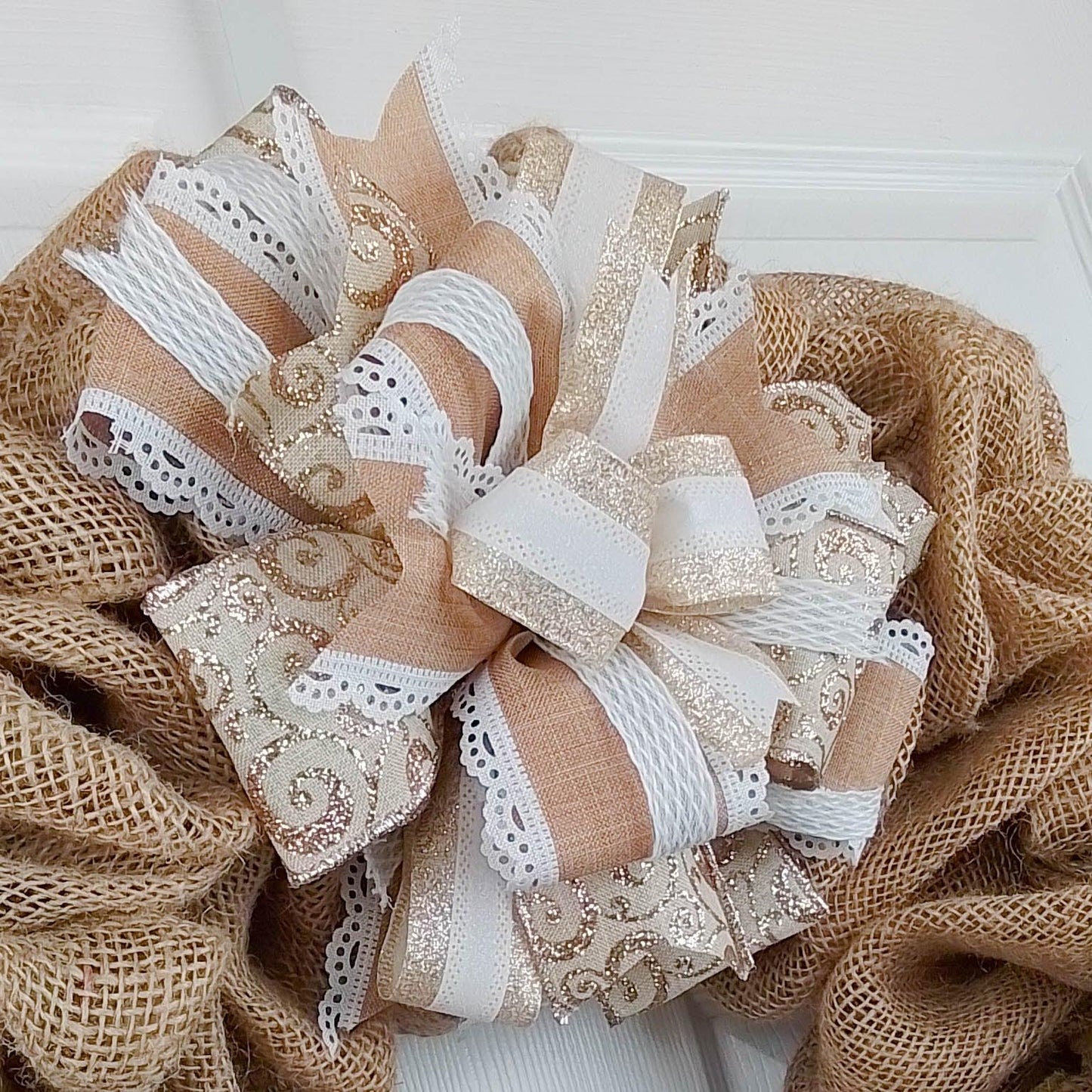 Wedding Lantern Wreath Bow - Burlap Wreath Embellishment for Making Your Own - Layered Full Handmade Farmhouse Already Made (Wedding (Burlap/Champagne/White/Brown), Set of 1) - Pink Door Wreaths