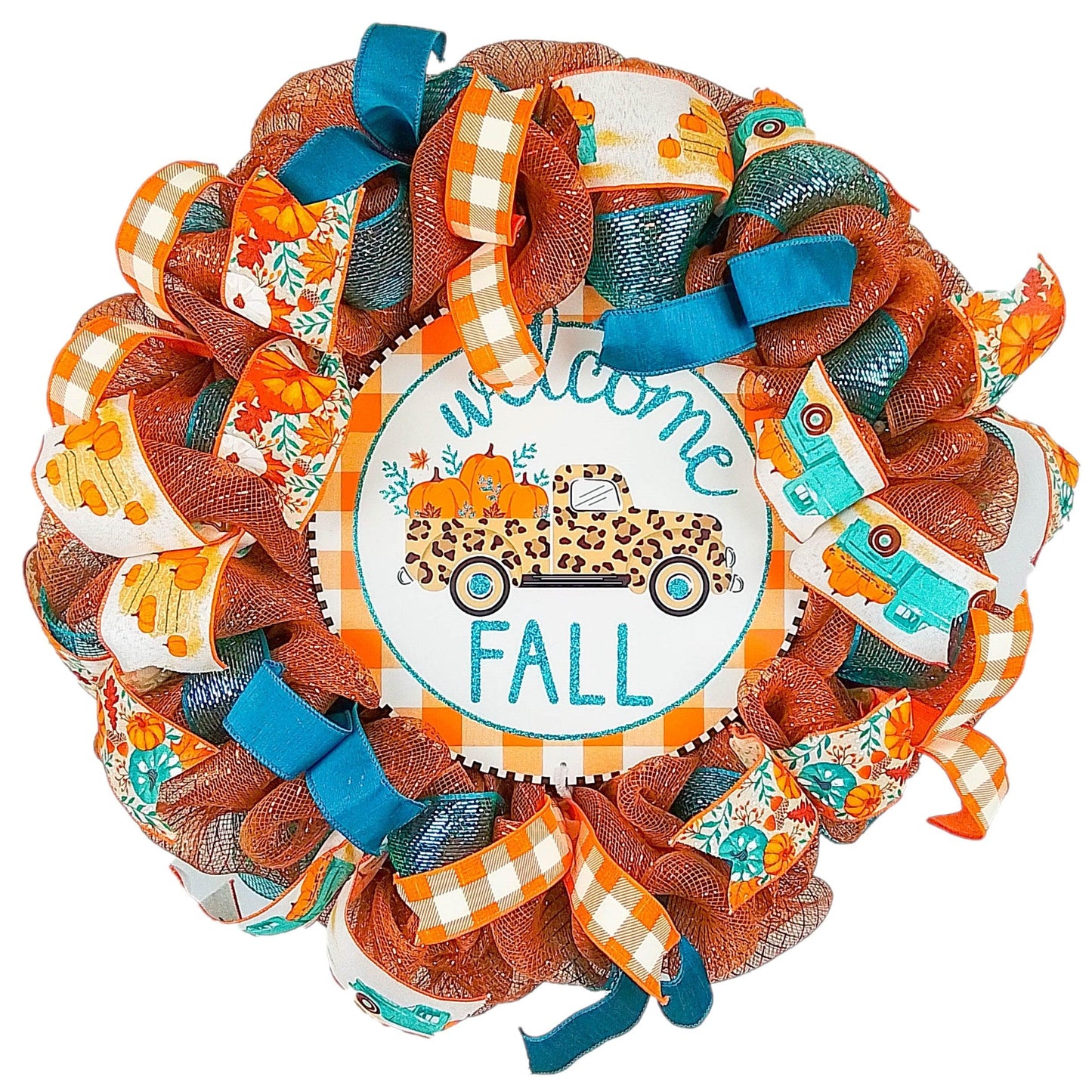 Welcome Fall Wreath - Farm Truck Thanksgiving Front Door Decor - Brown Orange Burlap Turquoise - Pink Door Wreaths