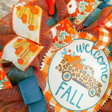 Welcome Fall Wreath - Farm Truck Thanksgiving Front Door Decor - Brown Orange Burlap Turquoise - Pink Door Wreaths