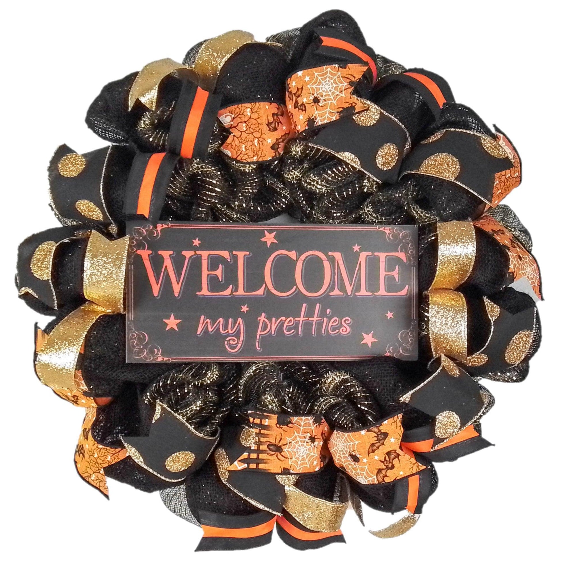 Welcome My Pretties Wreath | Halloween Witch Front Door Wreath | Black Orange Gold - Pink Door Wreaths