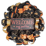 Welcome My Pretties Wreath | Halloween Witch Front Door Wreath | Black Orange Gold - Pink Door Wreaths