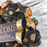 Welcome My Pretties Wreath | Halloween Witch Front Door Wreath | Black Orange Gold - Pink Door Wreaths