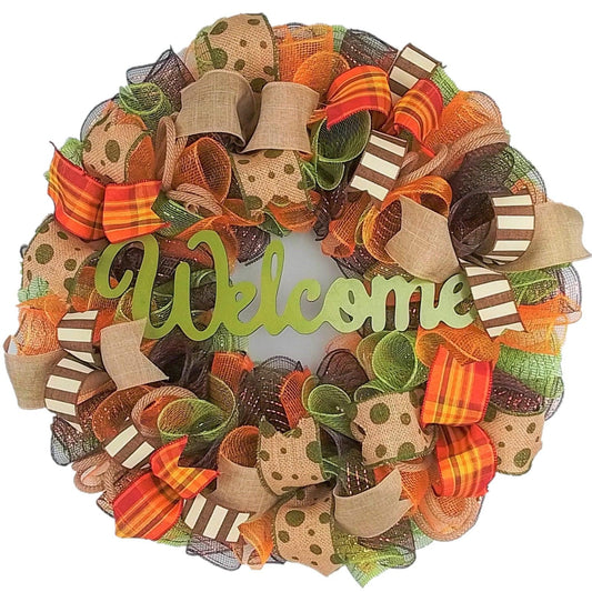 Welcome Wreath for Fall, Green Front Door Wreath for Thanksgiving : F1 - Pink Door Wreaths