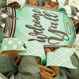 Welcome Y'all Mason Jar Wreath | Grey Burlap Spring Decor | Wedding Gift | Mint Black White - Pink Door Wreaths