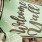 Welcome Y'all Mason Jar Wreath | Grey Burlap Spring Decor | Wedding Gift | Mint Black White - Pink Door Wreaths