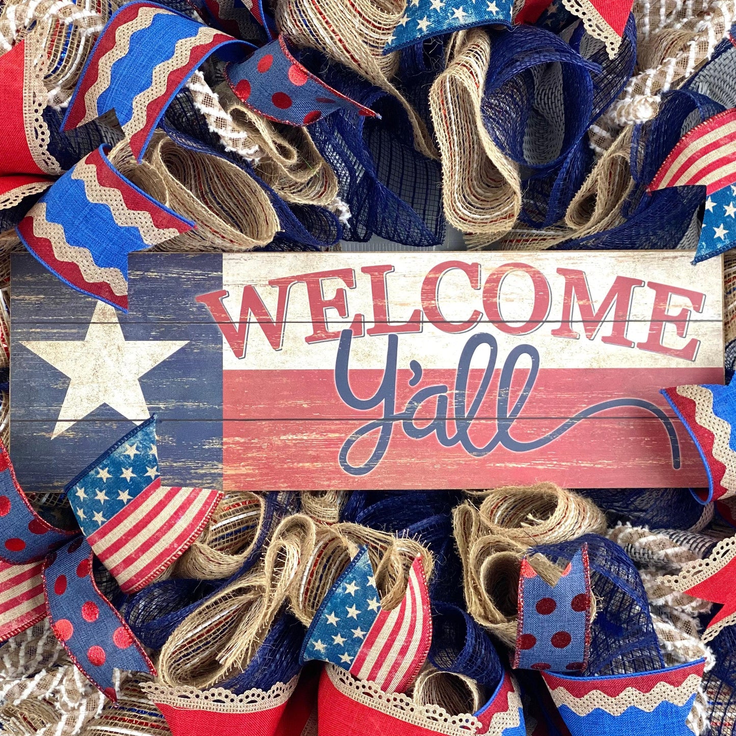 Welcome Y'all Texas Fourth of July Mesh Door Wreath - Independence Day Burlap Red White Navy Blue White - Pink Door Wreaths