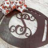 Wooden Sports Football Monogram Initial Letter Outdoor Front Door Hanger with Bow - Pink Door Wreaths