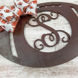 Wooden Sports Football Monogram Initial Letter Outdoor Front Door Hanger with Bow - Pink Door Wreaths