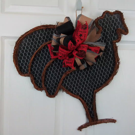 Rustic Farmhouse Grapevine Wreath - Rooster Door Hanger Oversized Bow Gingham Door Decor; Red Black Burlap