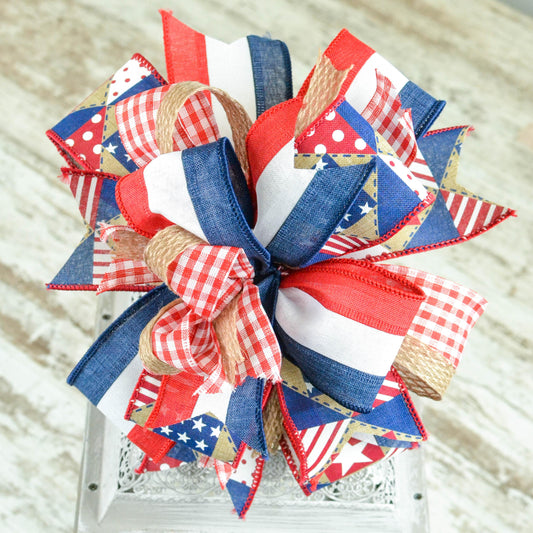 4th of July Lantern Wreath Bow - Gingham Red White Blue - Pink Door Wreaths