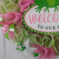 Welcome to our Pad Frog Wreath - Spring Summer Front Door Decor - Green Pink White