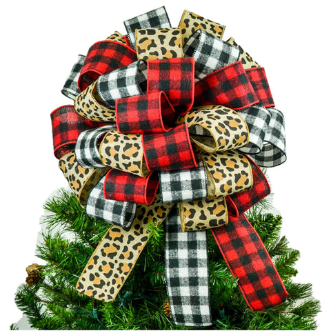 Animal Print Burlap Buffalo Plaid Check White Black Red Bow | Christmas Tree Topper Bow - Pink Door Wreaths