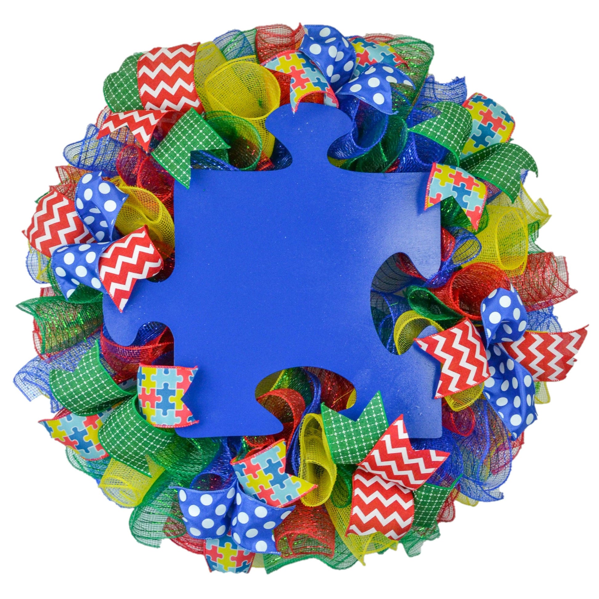 Autism Awareness Door Wreath puzzle piece; blue red yellow emerald - Pink Door Wreaths