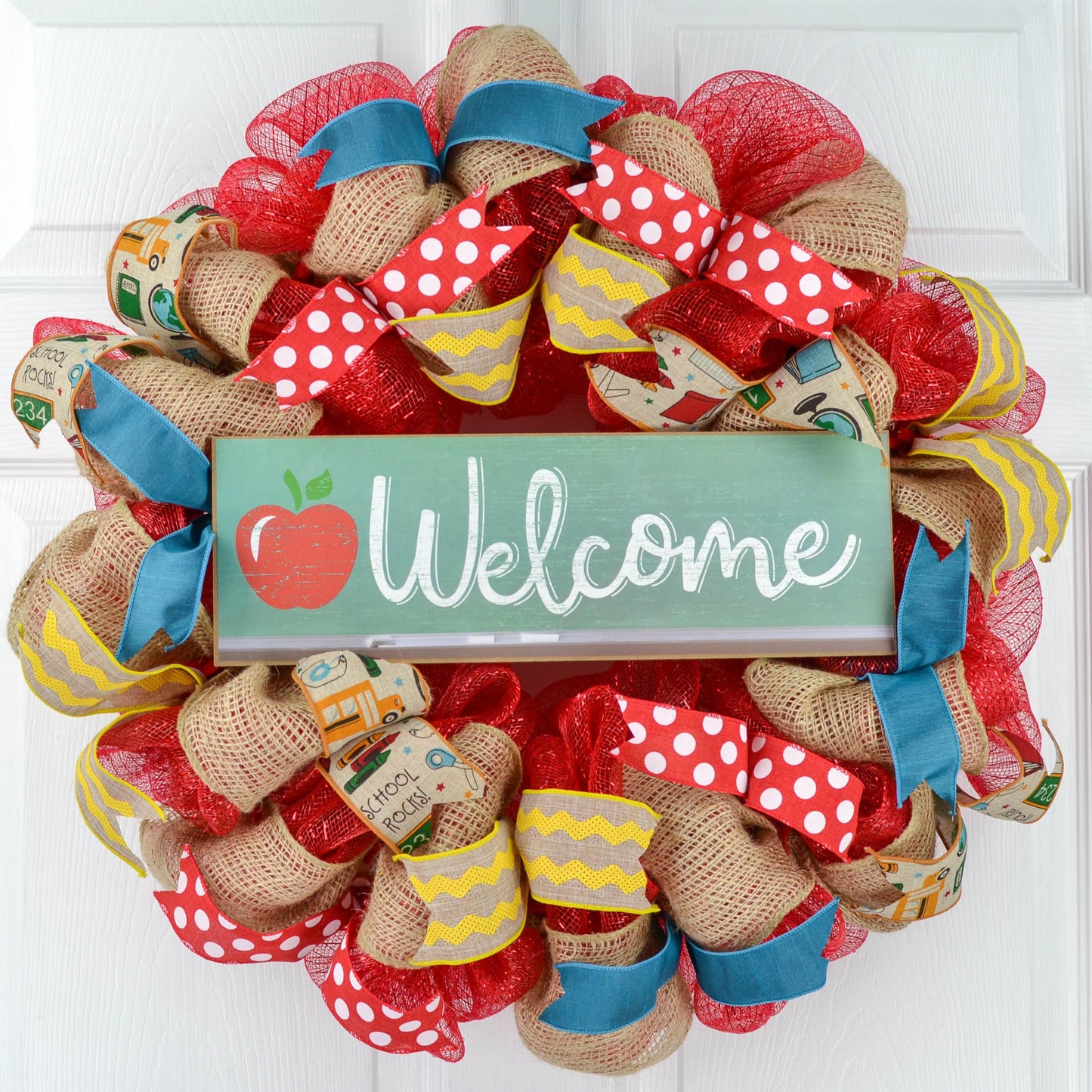 Back to School Teacher Gift | Classroom Decor | Present Outdoor Mesh Wreath - Pink Door Wreaths