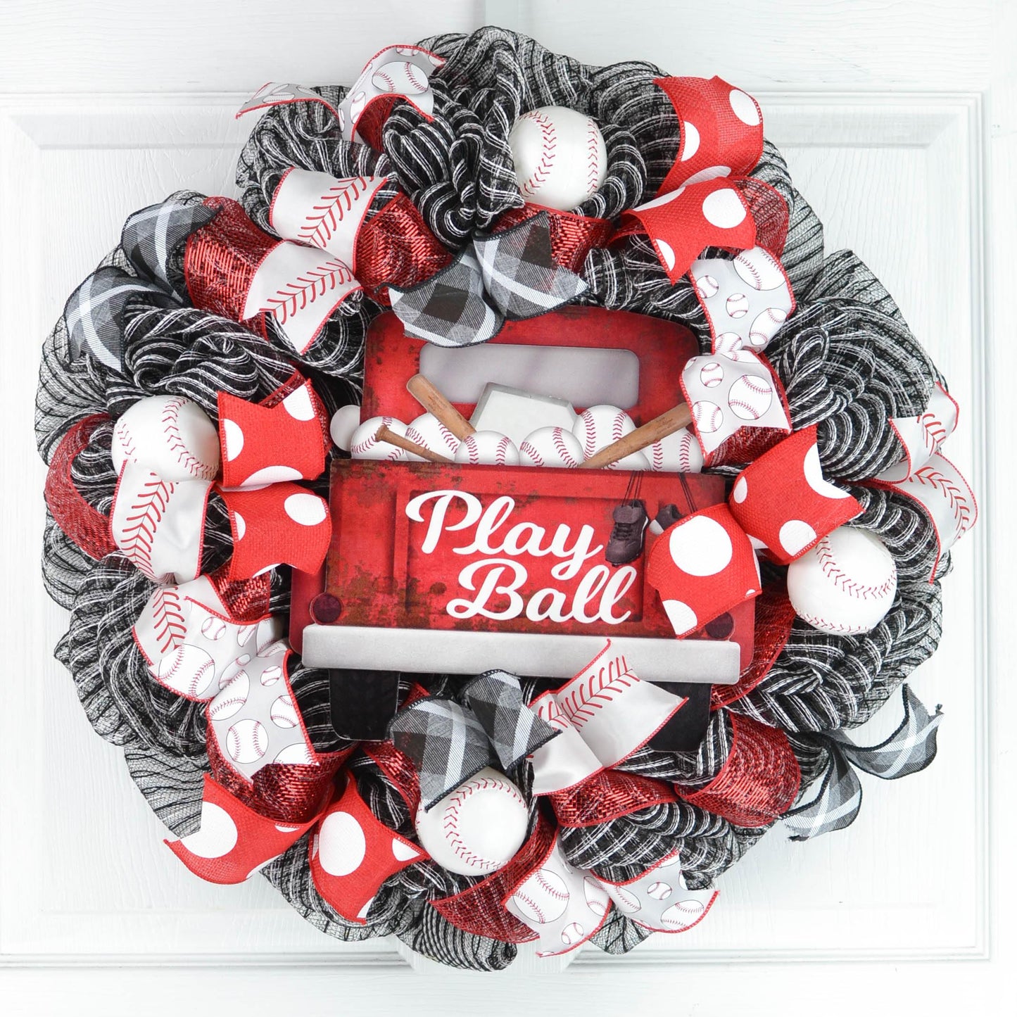 Baseball Front Door Wreath | Play Ball Mesh Wreath | Black Red White - Pink Door Wreaths