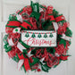 Merry Christmas Wreath - Xmas Holiday Decoration Front Door Wreaths - Red Emerald Green White Christmas Trees