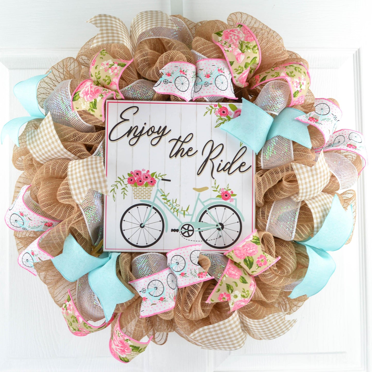 Bicycle Enjoy the Ride Wreath - Farmhouse Burlap Spring Decor - Pink Door Wreaths