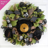 Black Bear Wreath | Woods Lodge Decor | Green Brown Black - Pink Door Wreaths