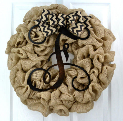 Black Burlap Monogram Door Wreath with Chevron Bow