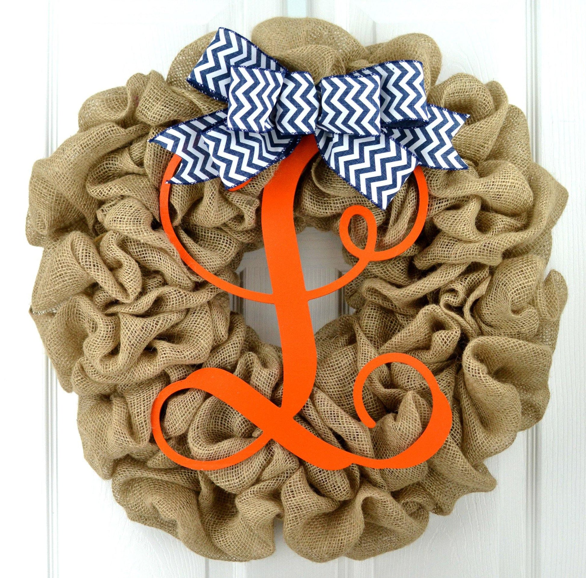 Orange Navy Blue Monogram Door Wreath with Chevron Bow